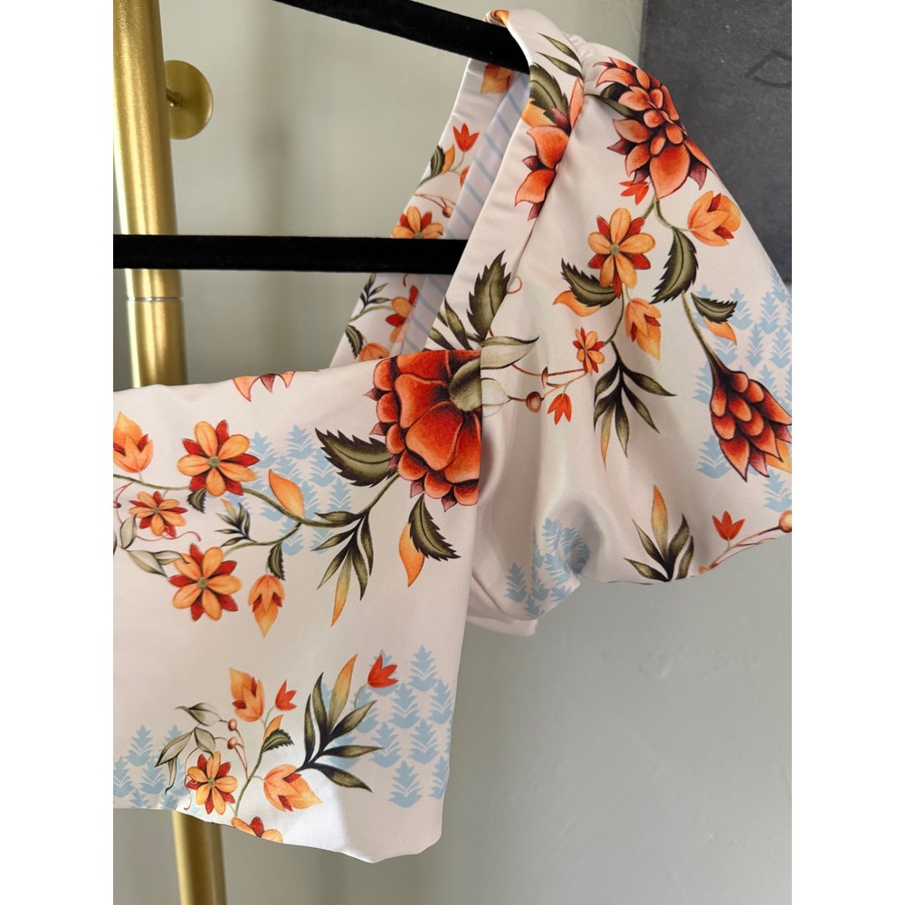 Agua Bendita Calista Sunbaze Floral Puff Sleeve Tie Back Bikini Top Sz L - Picture 2 of 6